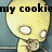 Pixelated yellow cartoon figure with large white eyes holds a cookie, text above reads 'my cookieget away!' in black block letters.