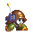 Pixel art character with brown helmet and blue shield, green pants, white eyes, yellow accents, holding a flagpole; animation shows head turning left to right.