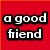 Six colored display text fragments with black outlines on solid backgrounds, forming a phrase about friendship and humor