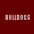 Four instances of the word BULLDOGS in white pixelated text appear on a dark red background, each overlaid with a pink rectangular bar.