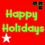 Red background with repeating "Happy Holidays" text in green and white, alternating star symbols, and small yellow/black pixel clusters. Animated version shows color cycling between green and white text.