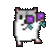 Pixelated hamster-like character with gray head and white body holds purple or red cube-shaped objects in front of its face against light gray background.