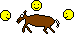 Pixelated static icon featuring a brown donkey running with three yellow smiley faces on a white background.
