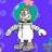 Pixelated static icon of a humanoid figure with green hair and white clothing against a purple background, rendered in low-resolution 256x256 pixels.