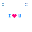 Pixelated icon with blue 'I' and 'U', pink heart symbol, four small blue squares in top corners on white background.