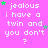 Pixelated text on a pink background with green and purple stars, repeating 'jealous i have a twin and you don't?' in a