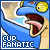 Pixelated cartoon character with blue hair and yellow circular accessory, mouth open in a wide expression, text 'CUP FANATIC' below.