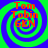 Four identical spiral-patterned display red text over green and blue swirls with no visible animation changes
