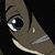 Pixelated anime-style character face with dark hair and blue eye on left, floral arrangement of red and orange roses on right.