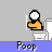 Animated sequence showing a cartoon figure in an orange shirt sitting on a white toilet, with changing background elements and cyan particle effects below the seat.