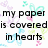 White background with pastel heart and butterfly patterns, black text reading 'my paper is covered in hearts', 'because of', 'y', 'yo', 'you', and a single red heart symbol.