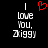 Black background with white pixelated text reading "I love you, Ziggy" and a red pixelated heart symbol above the text.