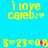 Yellow pixelated text on cyan background shows "i love caleb: :*" and "5-23-08" with a pink-to-purple gradient in the date's last digit