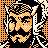 Pixelated static icon featuring a stylized face with orange and black color scheme, surrounded by geometric patterns on the left and right edges.