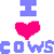 Pixel art image with 'I ❤️ COWS' text and two cow illustrations on white background.