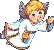 Two pixelated angel figures with blonde hair and wings hold hands against a gray background, wearing white robes.