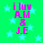 Green background with light blue stars, pink text reading "i luv AM & J.E" arranged vertically.
