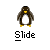 Pixelated penguin with brown body, white belly, yellow beak and feet stands upright on gray background beneath 'Slide' text.