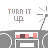 Animated contact sheet of a 4x4 grid showing sequential frames of an icon with 'TURN IT UP' text and audio equalizer bars changing across frames.