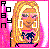 Pixelated icon of a blonde woman with long hair, wearing large white square earrings and dark blue clothing with a palm tree design, against a pink background.