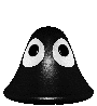 Black bell-shaped figure with large white eyes, displayed in a of varying head sizes and eye positions