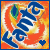 Pixelated icon with blue stylized text over swirling orange-yellow background, green circular detail on left, small blue heart shape bottom right.