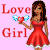 Pixelated image of a woman in a red dress holding a heart-shaped object against a pink background with 'Love Girl' text.