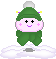 Pixelated character with green hat and scarf, pink cheeks, black X eyes, purple smile on white cloud base.