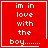 Red square icon with white pixelated text reading 'im in love with the boy......' and a heart symbol replacing ellipsis in one frame.