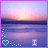 Animated contact sheet of five 48x48 pixel frames showing a sunset over water with text changing across frames, each frame featuring a purple border and blue dotted heart outline in the bottom-left corner.