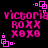 Pixelated pink text and geometric shapes on black background, with repeated 'victoria', 'ROXX', 'XOXO' lines and corner square patterns.