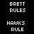 Pixelated text displays 'BRETT RULES' and 'HAWKS RULE' in white on black background with yellow highlight changes across three