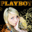 A pixelated image of a blonde woman in an orange top with blue trim, holding her hand near her face against a dark background with repeated "PLAYBOY" text.