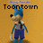 Pixelated cartoon character with blue hair and gray shirt stands against orange background, text above changes from 'Toontown' to 'Skinny Pancake'.