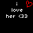 A pixelated image with white text on black background showing 'i love her <33' with a red heart symbol replacing the 'o' in 'love' in the left view.