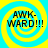 Four identical circular icons with yellow and cyan spiral patterns display "AWK-WARD!!!" text in black pixelated font on a cyan background.