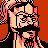 Pixelated 48x48 static icon of a bearded man with glasses against an orange background, rendered in pink and black tones with dithering effects.