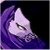 Pixelated image of a stylized white creature with closed eyes and purple flowing hair against a black background.