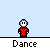 Pixel art character in red shirt with white face and black eyes, performing dance actions under text labels on light blue background.