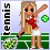 Pixelated cartoon icon of a blonde woman playing tennis with a green ball, next to purple text on pink background.