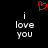 Red pixelated heart above two identical white text blocks reading 'i love you' on black background.