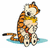 Pixelated cartoon tiger with orange and black stripes sitting upright on a light blue surface, holding a smaller white animal against its chest.