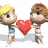 Animated sequence of two cartoon characters holding a red heart, alternating positions and expressions across frames.