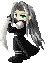 Pixelated character with long gray hair, green eyes, black outfit, and white accents in three poses against gray background.