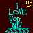 Pixelated cyan text 'I LOVE YOU' with a yellow heart above, on dark red background; right side lacks the heart.