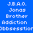 Blue background with white pixelated text arranged in two , displaying 'J.B.A.O.', 'Jonas', 'Brother', and 'Addiction' in a pattern