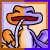 A 50x50 pixel animated buddy icon featuring a split-colored cartoon character with orange and purple halves, red mouth, white stem-like body, and heart-shaped leaves on both sides, displayed as two sequential frames in a contact sheet layout.