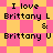 Pixelated text reads "I love Brittany L & Brittany U" over a yellow and pink checkered background with diamond-shaped patterns.