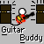 Pixelated character with white head plays electric guitar, standing before brown equipment on gray background