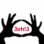 Black silhouette hands frame a white oval with red pixelated text 'Joh13' against a plain background.